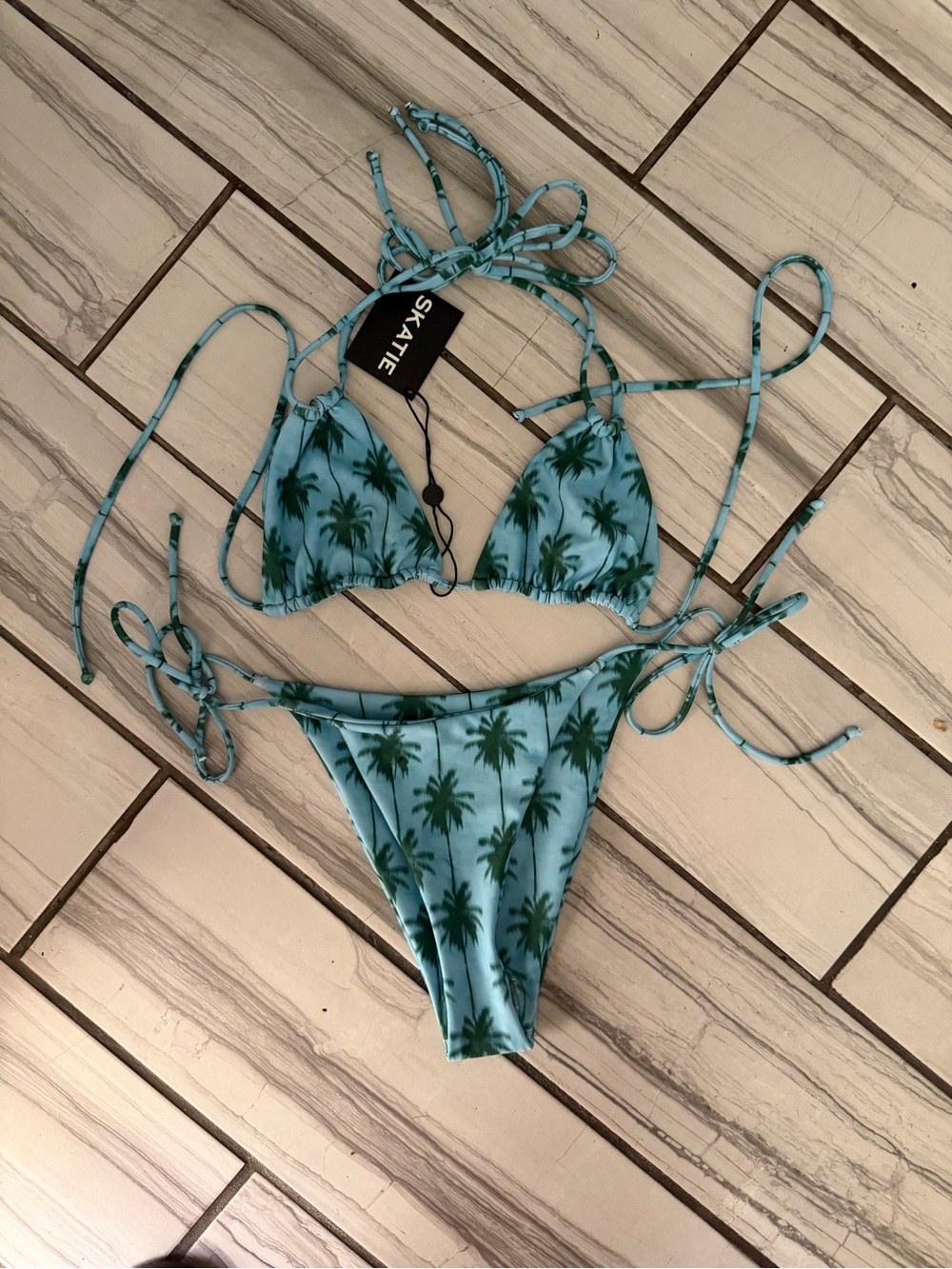 Skatie Teal Bikini Top with Green Palm Print and Gold Logo